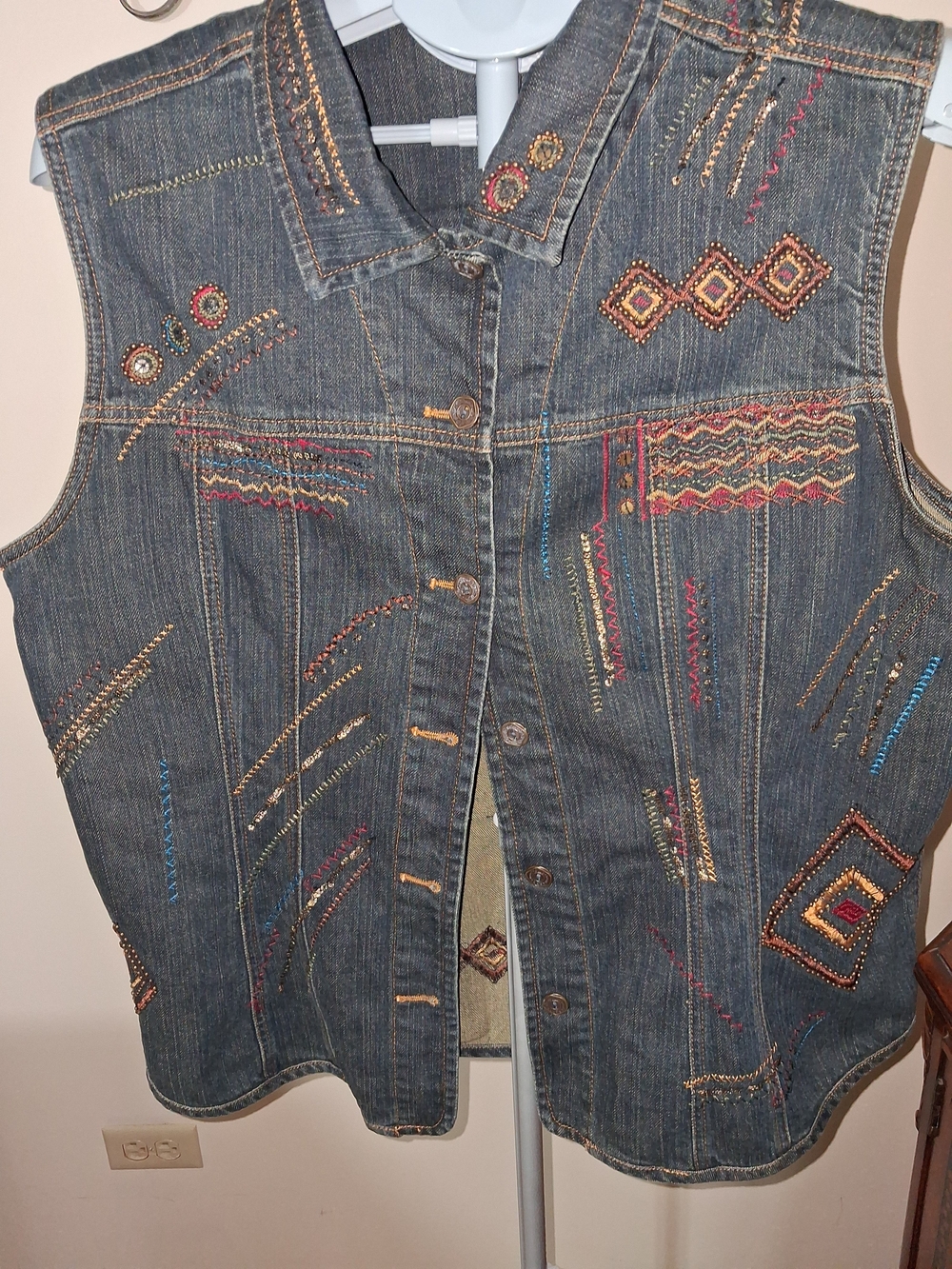 Chico's Dark Blue Embroidered Denim Vest